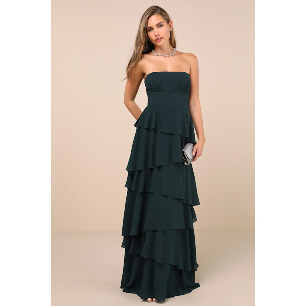 Lulus Gorgeous Essence Emerald Strapless Tiered Maxi Dress Green - Size M